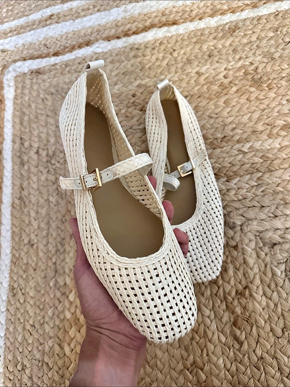 H&M Straw Mary Jane Flats in White